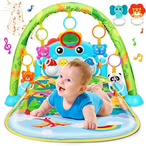 Baby Gym Play Mats Baby Tummy Time Mat Musical Activity Center for Newborn Infant Piano Babies Play Mat Music & Light Newborn Infant Gifts for Babies 0-3 6 9 12 Months Dinosaur Style