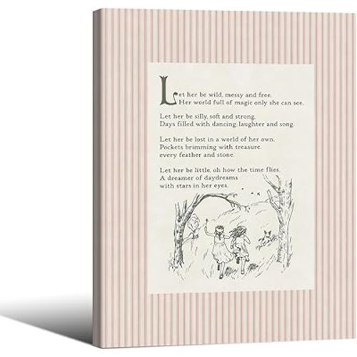 Girlhood Poem Aesthetic Wall Art 08x10 inch Wood Framed Fashion Minimalist Kids Canvas Posters Vintage Cottagecore Sketch Prints for Toddler Room Wall Decor