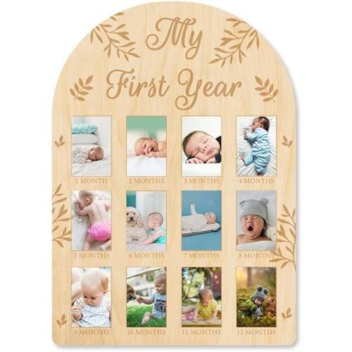 My First Year Baby Growth Photo Display Wood Board - 12 Months Newborn Milestones Picture Frame - Neutral Baby Keepsake Board 1st Birthday Party Nursery Decor New Mom Gift - Leaves Pattern