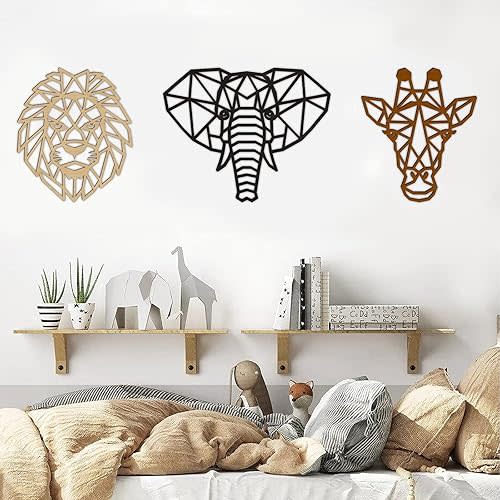 Animal Wall Art for Modern Living Room 3 Pieces Safari Decor for Bedroom above Bed Jungle Theme Wood Heads of Lion, Elephant, Giraffe Art for Nursery Farmhouse Geometric Décor Wooden Large Colorful