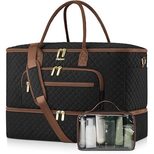 Travel Duffle Bag, Wide Open Large Weekender Bag for Women with Shoe Compartment, Carry on Overnight Bags with Toiletry Bag, Hospital Bag for Women Labor Delivery with Wet Pocket (Black Brown)