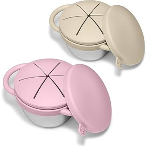 2 Pack Baby Stainless Steel Snack Containers for Kids with Spill Proof Food Grade Silicone Lids & Handles 9 OZ Baby Snack Cups No Spill Toddler Snack Box for Mess-Free Snacking