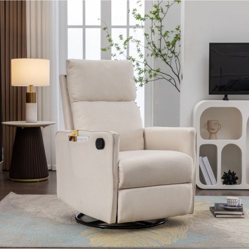 360° Swivel Recliner Chair, Beige Cotton Linen Upholstered Swivel Rocking Chair, Adjustable Back And Footrest