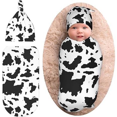 Cow Print Newborn Swaddle Blanket with Hat Set Baby Stuff Receiving Blankets Soft Transition Sleep Sacks Gifts for Infant Boys Girls