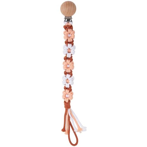 Pacifier Clip for Boys Girls Floral Daisy Macrame Baby Paci Clip Pacifier Holder Leash Boho Wooden Clips Handmade Braided Cotton Binky Clips (1pack:Caramel Style A)