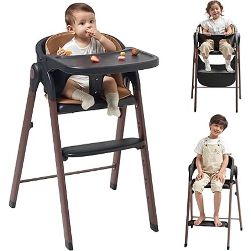 High Chair for Babies and Toddlers Adjustable Foldable Convertible 5 Point Harness Easy Clean Wood-Printed Metal with Removable Tray Baby Highchair for Family (Black&Walnut Wood-Printed Metal)
