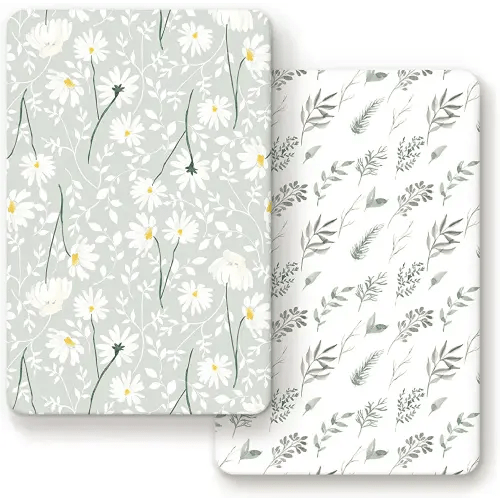 GRSSDER Stretchy Ultra Soft Jersey Knit Fitted Pack n Play Sheets Set 2 Pack, Portable Pack and Play/Mini Cribs Sheets for Girls,Stylish Watercolor Daisy Flower