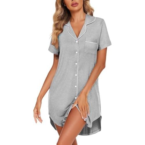 Ekouaer Womens Nightgown Button Down Sleepshirts Short Sleeve Sleepwear Boyfriend Nightshirts Pajama Dress