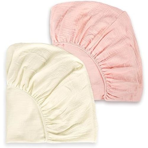 Muslin Crib Sheets 2 Pack for Girl & Boy, HNHUAMING Soft and Breathable Baby Crib Sheet, Neutral Baby Sheets Fitted Standard Crib & Toddler Bed Mattress 52" X 28" (Pink + Beige)