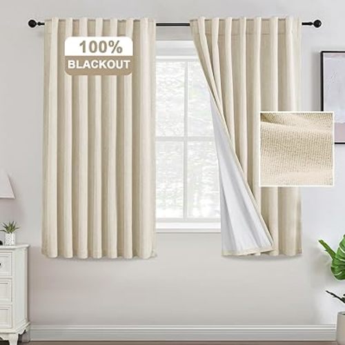 Turquoize Linen Blackout Curtains 63 Inch Length Chenille Linen Textured 100% Light Blocking Thermal Insulated Room Darkening Curtains for Living Room Bedroom Linen Black Out Drapes, Bleached Sand
