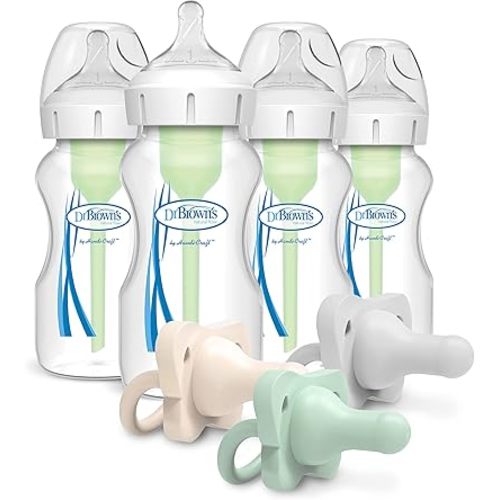 Dr. Brown’s Natural Flow® Anti-Colic Options+™ Wide-Neck Baby Bottle, 9 oz/270, Level 1 Nipple, 4-Pack, 0m+ with HappyPaci 100% Silicone Pacifier 0-6m, BPA Free, Cool Gray, Green, Ecru, 3 Pack