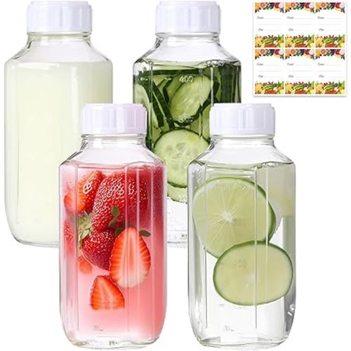 Alotpower 16 oz Glass Juice Bottles with Lids 4 Pack,Empty Square Reusable Glass Bottles for Juicing,Milk,Kombucha,Milkshakes(16fl.oz,set of 4)