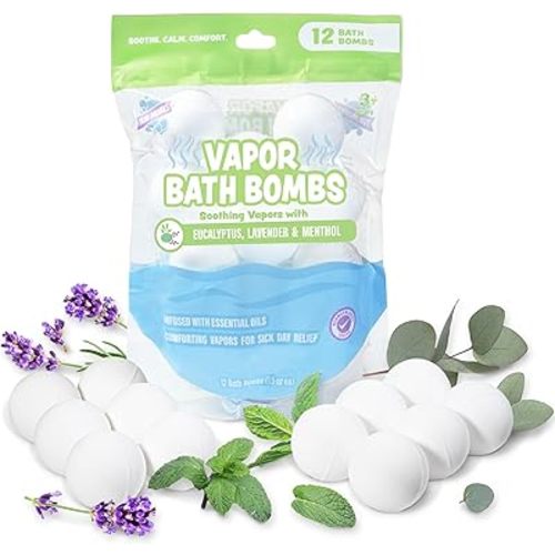 Tub Works® Vapor Bath Bombs for Toddlers & Kids, 12 Pack | Natural Essential Oils for Aromatherapy | Calming Eucalyptus Bath Bomb with Lavender & Menthol for Cold, Flu & Congestion Relief