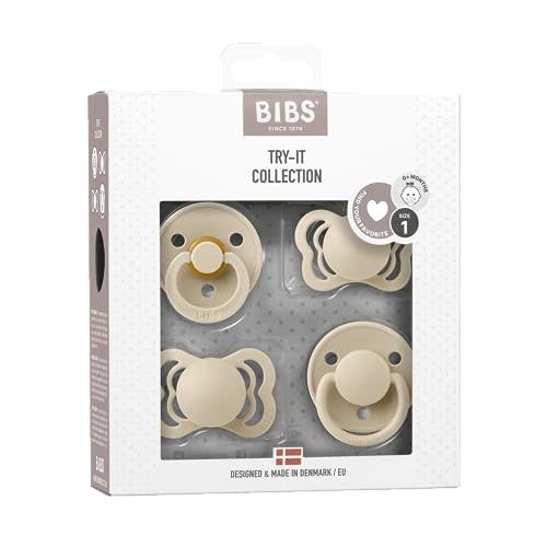 BIBS Try-It Collection | 4-Pack Soothers | BPA-Free Round, Anatomical & Symmetrical Nipple | Natural Rubber Latex/Silicone | Made in Denmark | 0-6 Months | Vanilla