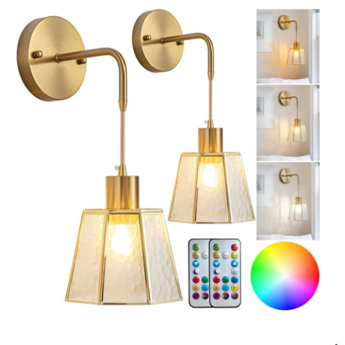 Battery Operated Sconces Set of 2, Battery Operated Wall Lights with Remote,Rechargeable Wall Sconces RGB Color Changing More Than 50 Hours Battery Life,Perfect for Bedroom Living Room