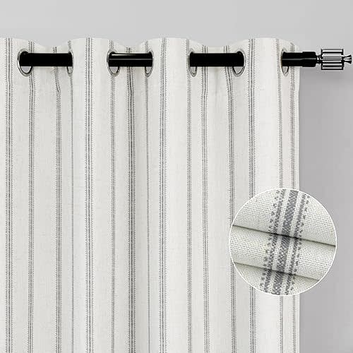 DriftAway Farmhouse Linen Blend Blackout Curtains 96 Inches Long for Bedroom Vertical Striped Printed Linen Curtains Thermal Insulated Grommet Lined Treatments for Living Room 2 Panels W52 x L96 Gray