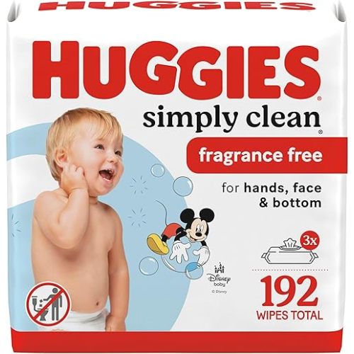 Huggies Simply Clean Unscented Baby Diaper Wipes, 3 Flip-Top Packs (192 Wipes Total), Packaging May Vary