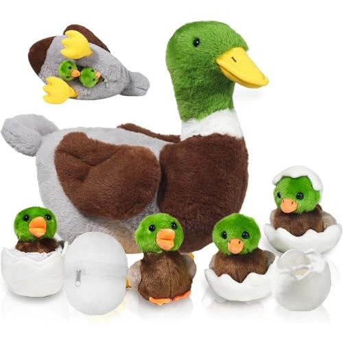 7 in 1 Mallard Duck Stuffed Animals Duck Plush Toys, 12" Zipper Mommy Stuffed Duck with 4 Baby Ducks Ducklings Eggs Duck Plushies Pillow for Kids Birthday Valentines Surprise Gifts Farm Party Decors