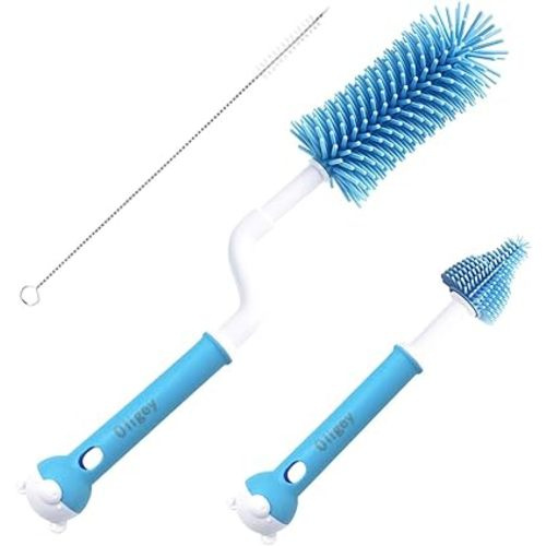 Silicone Baby Bottle Brush Set Cleans Deep Container Nipple or Straw with Rotation Long Handle,3 in 1 Rubber Cleaning Kits Wash Infant Pacifier Teat Nozzle or Breast Pump by Spinning Handhold