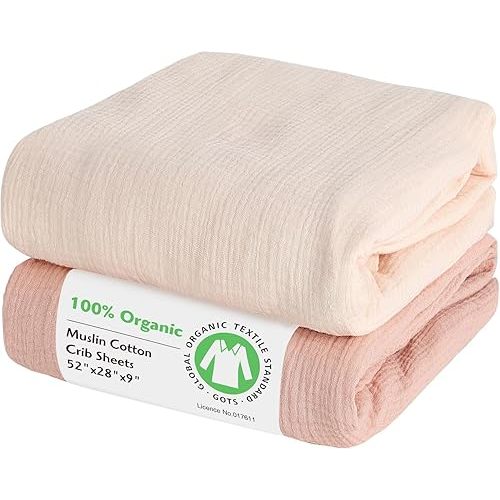 Baby Organic Fitted Crib Sheets 2 Pack 100% Organic Cotton Muslin 52x28 Inches, Ultra Breathable and Soft Sheet Fits All Standard Crib Mattress Sheet Neutral Toddler Bedding for Baby Boys Girls