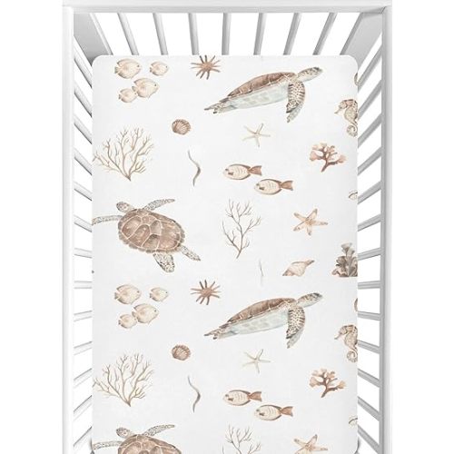 CaTaKu Sea Turtles Seashells Mini Crib Sheets for Girls Boys Baby Mattress Sheets Fitted, Soft Toddler Nursery Bed Sheets Neutral 28"x 52"