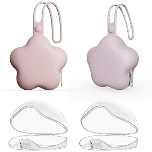 4 Pack Pacifier Holder Case,2pcs Silicone Portable Pacifier Pouch and 2pcs Transparent Nipple Holder Case Container, On-The-GO Pacifier Storage Container Box,BPA Free, Easy to Clean（Pink+Purple）