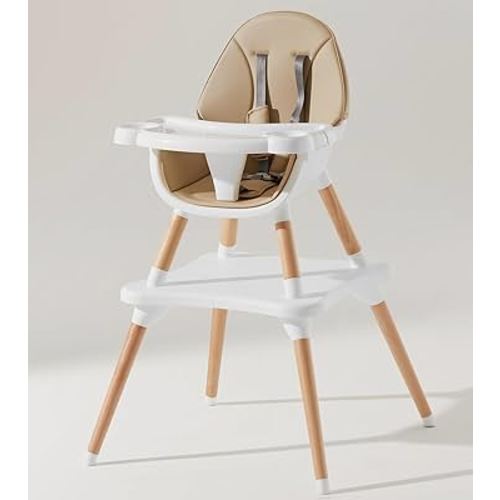 5-in-1 Convertible High Chair, High Chairs for Babies and Toddlers/Table and Chair Set, Wooden High Chair with 5-Point Harness, Adjustable and Removable Tray, Easy to Clean, Cream Color