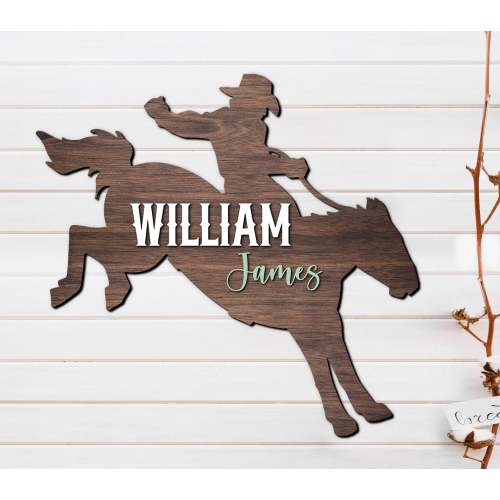 Custom Cute Cowboy Riding Horse Wood Nursery Name Sign Personalized Wooden Western Crib Wall Decor Baby Shower Boy Girl Birthday Gift