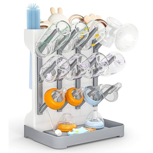 GoMaihe Baby Bottle Drying Rack: Space Saving Vertical Bottle Dryer Holder - Newborn Accessories Storage Stand Organize Brushes Pacifiers on Countertop - BPA-Free - Gray