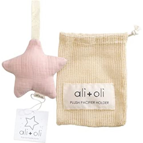 Ali+Oli Plush Muslin Cotton Pacifier Holder (Star-Pink) Soft Binky Holder for Babies, Plush Holder for Pacifiers, Cute Baby Binkies Plush Holder, Pacifier Holder for Baby Boys & Girls