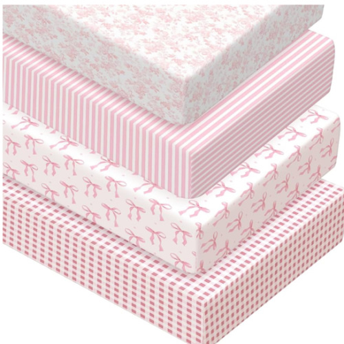 Peryiter 4 Pack Crib Sheets Girl Soft Baby Bed Sheet Set 52'' x 28" Nursery Crib Sheets for Standard Bed for Nursery Decor Baby Boys or Girls(Pink,Coquette Bow)