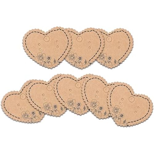 Grenali 100 Brown Heart Shape Earring Display Cards, Kraft Paper Jewelry Cards, 1.96"x1.6" (Pack of 100)
