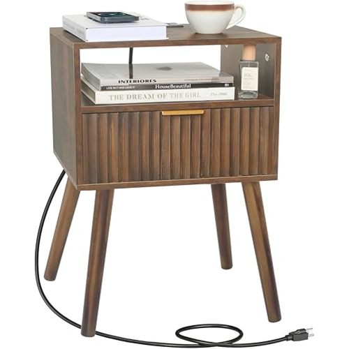 Mid Cetury Modern Nightstand with Charging Station, Fluted Bedside Table with Storage, Modern Side End Table with Solid Wood Legs Living Room for Bedroom and Small Space (Rustic Brown)