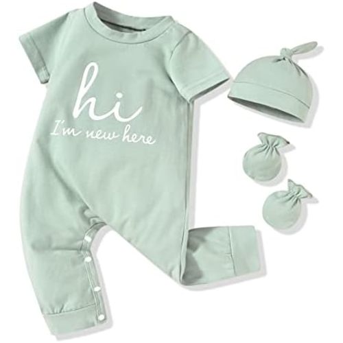 HINTINA Newborn Baby Boy Romper Coming Home Outfits Letter Printed Jumpsuit Hat Glove Outfits