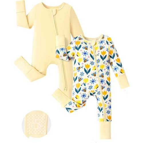 PATPAT Baby Footie Romper, Viscose from Bamboo, Long Sleeve, 2-Way Zipper, Fold-Over Mittens, Cuffs & Anti-Slip Grips