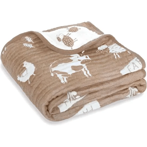 BOPRIO Ultra Soft Muslin Baby Blanket 6 Layers Neutral Swaddles Bed Blankets with Lovey Animal Design for Newborn Babies Kids Toddlers 43 x 43 Inch (Brown Woodland)
