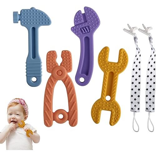 Chuya Baby Teether Toys, Soft Silicone BPA-Free Baby Chew Toy for Babies 3-12 Months, Baby Teething Toys for Infant Toddlers, Baby Gift Set, Hammer Wrench Set, Easy To Hold & Clean (4 Pack)