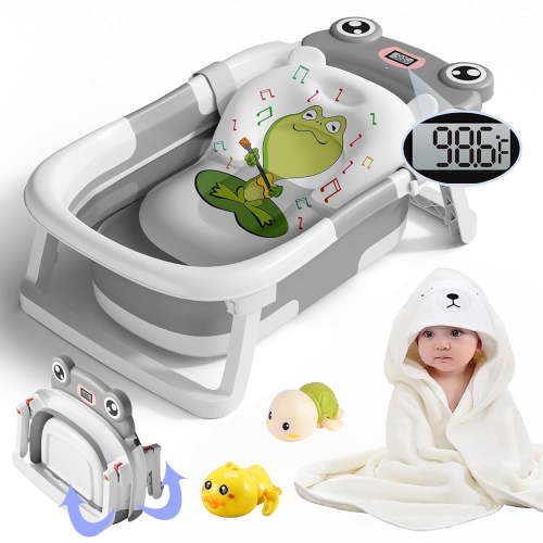 Morfone Collapsible Baby Bathtub, Real-Time Thermometer, Hooded Towel, Toys, Gray, 0-36 Months