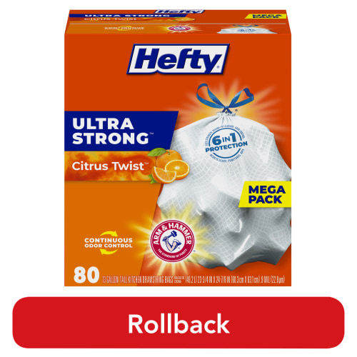 Hefty Ultra Strong 13 gallon Trash Bags, Tall Kitchen Trash Bags, White, Citrus Twist Scent, 80 Bags