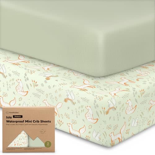 2-Pack Waterproof Pack and Play Sheets, Mini Crib Sheets Fitted for Boy, Girl - 38 x 26 Viscose from Bamboo Pack N Play Mattress Sheets for Graco, Toddler Playard Baby Crib Sheets Neutral (Foxtrot)