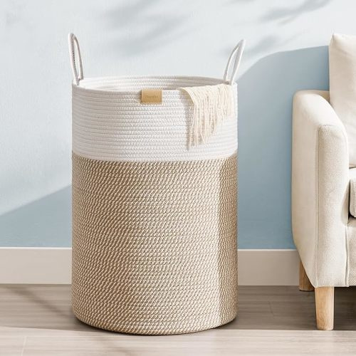 Laundry Hamper 75L,Large Laundry Basket for Clothes,Decorative Storage Basket for Blankets,Cotton Rope Woven basket for bedroom,Brown White