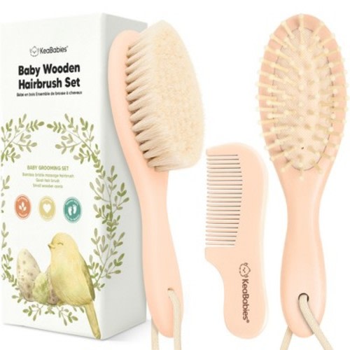 Baby Hair Brush and Comb Set, Oval Wooden Baby Brush Set for Newborns, Infant, Toddler Grooming Kit, Color: Peach