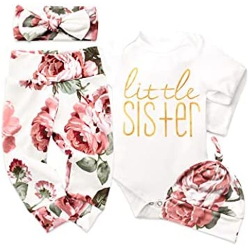 KANGKANG Newborn Baby Girl Clothes Hi I'm New Here Newborn Outfit Infant Romper Floral Pants Cute Baby Girl Outfits 4PC Set