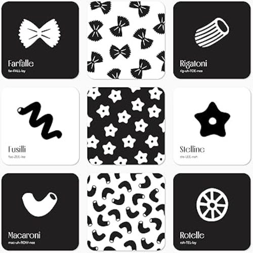 Pasta for Baby High Contrast Cards Sensory Toy Learning Activity Large Black and White Flash Cards Newborn Tummy Time Play 0+ Months Infant Essentials Curious Baby Activity Cards Gift Set
