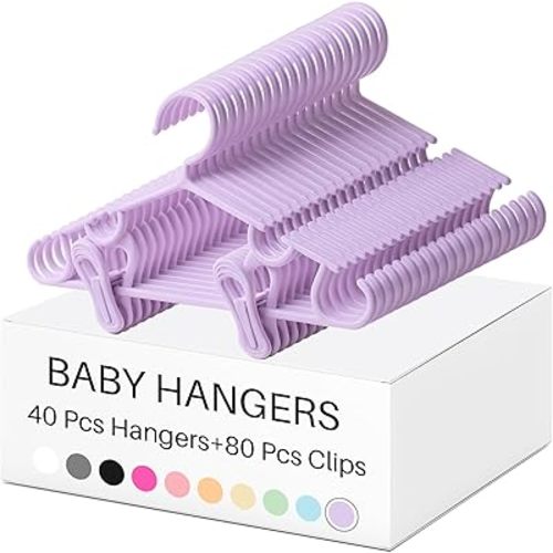 Hsei 5/10/40 Pack Baby Hangers with 10/20/80 Clips Plastic Kids Pants Hanger for Newborn Nursery/Daycare/Preschool Closet/Wardrobe Organizer Baby Shower Party(120 Packs Total,Purple,10.6 Inch)