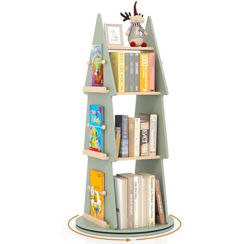 Costzon Kids Rotating Bookshelf, 3-Tier Small Book Shelf w/12 Sectors, 360° Display Spinning Bookshelf Tower, Wooden Revolving Bookcase for Kid's Room, Living Room, Daycare, Small Spaces (Green)