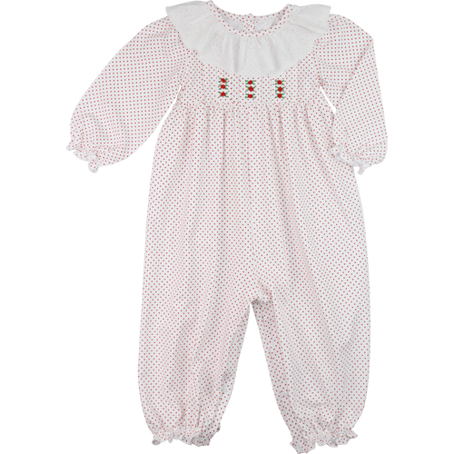 Red Knit Dot Rosebud Eyelet Long Bubble - Cecil and Lou