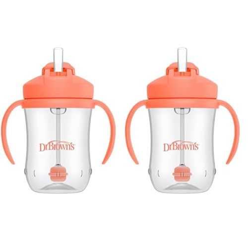 Dr. Brown's Milestones Baby’s First Straw Cup, Training Cup with Weighted Straw, Coral, 6m+ (Pack of 2)