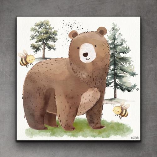 Whimsical Bear and Honey Bees, Watercolor, Woodland Animal Wall Art, Large Kids Wall Art.