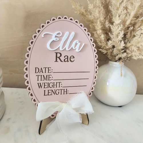 Baby Birth Stat Sign | Custom Newborn Stats Wood Sign | Ribbon Bow Name Sign | Hospital Birth Announcement | Baby Photo Prop | Nursery Decor